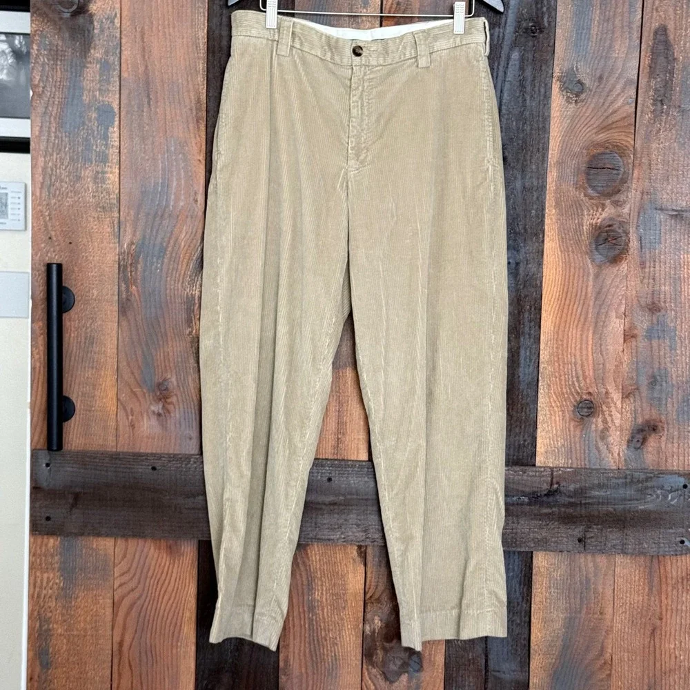 LL Bean Classic Fit Khaki Corduroy Pants Mens 34W 100% Cotton Tan 274830